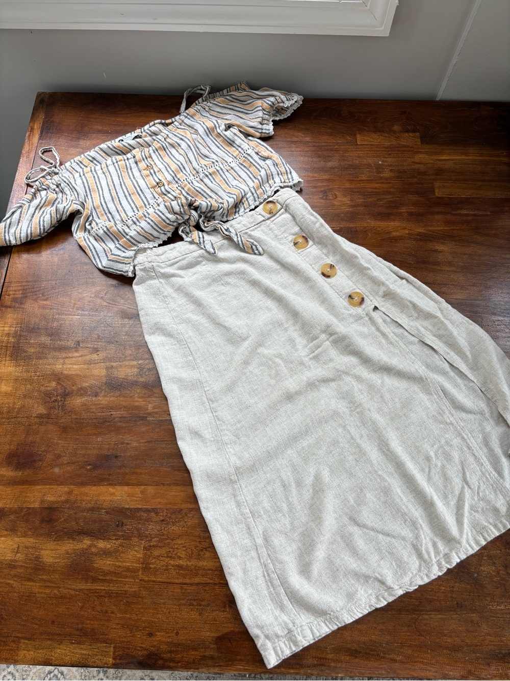 Bershka Linen Beige Button-Front Midi Skirt ant Top Set